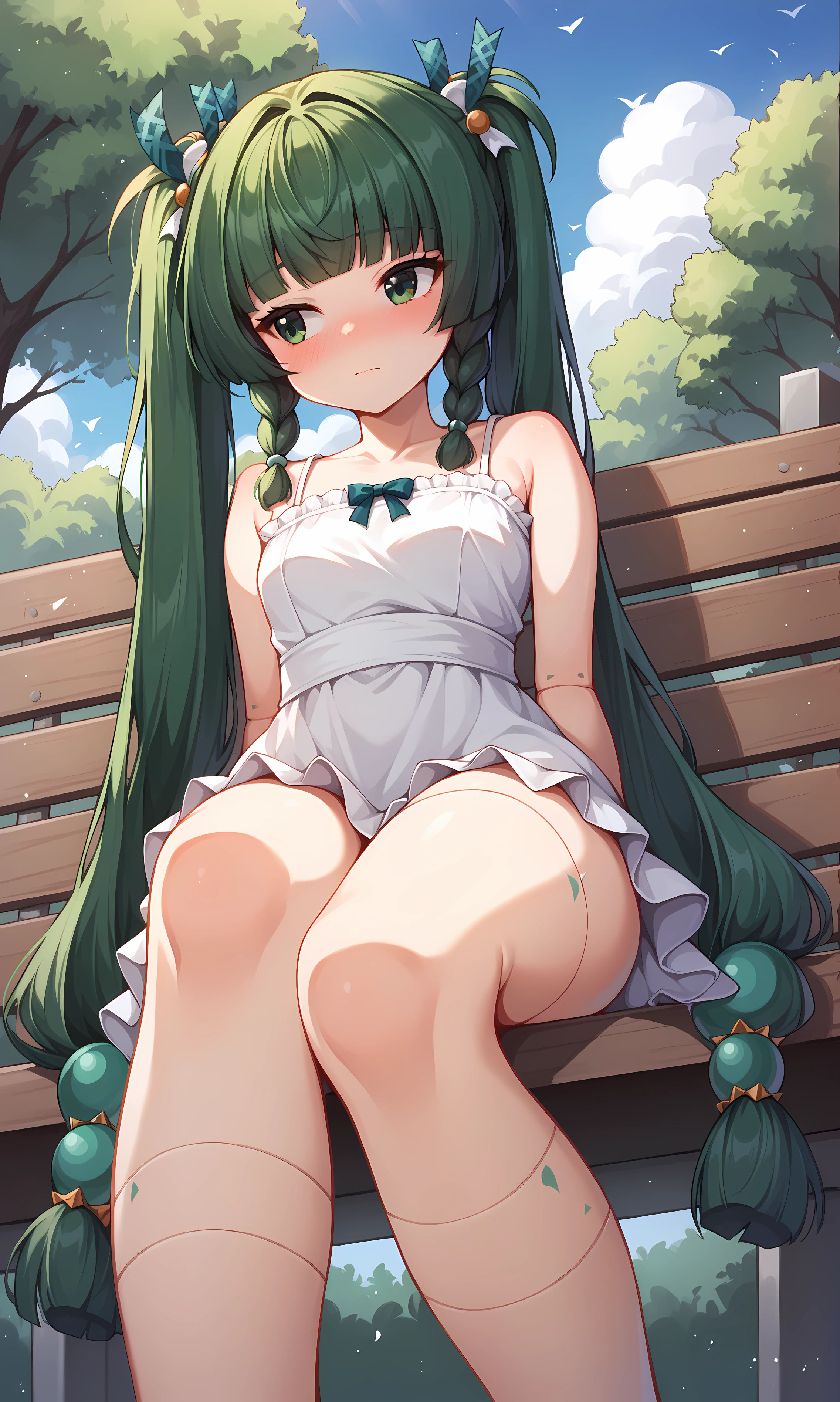 score_9, score_8_up, score_7_up, BREAK source_anime, 1girl, solo, outdoors, park, cowboy shot, looking to the side, qingyi, green eyes, green hair, very long hair, twintails, blunt bangs, hair bobbles, side braids, hair ornament, robot joints, sundress, spaghetti strap, white dress, frilled dress, nose blush, sitting, on bench, closed mouth, from below