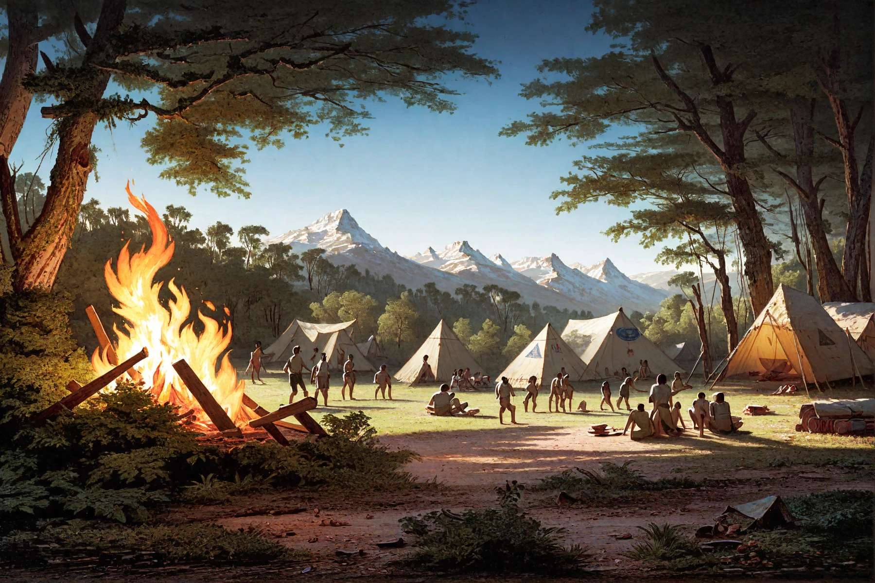 <lora:karl-bodmer_pony_v1:1> ' camp ' by bodmer karl in 1832, romanticism \(style\), landscape painting \(genre\), a group of people around a camp fire, score_9, score_6_up, score_7_up