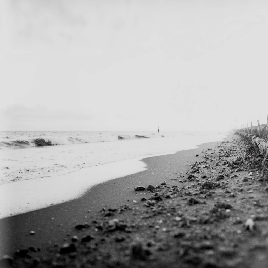 KB_ilford_xp_super_FLUX, instagram photo, a foggy beach in germany, hard shadows, film grain