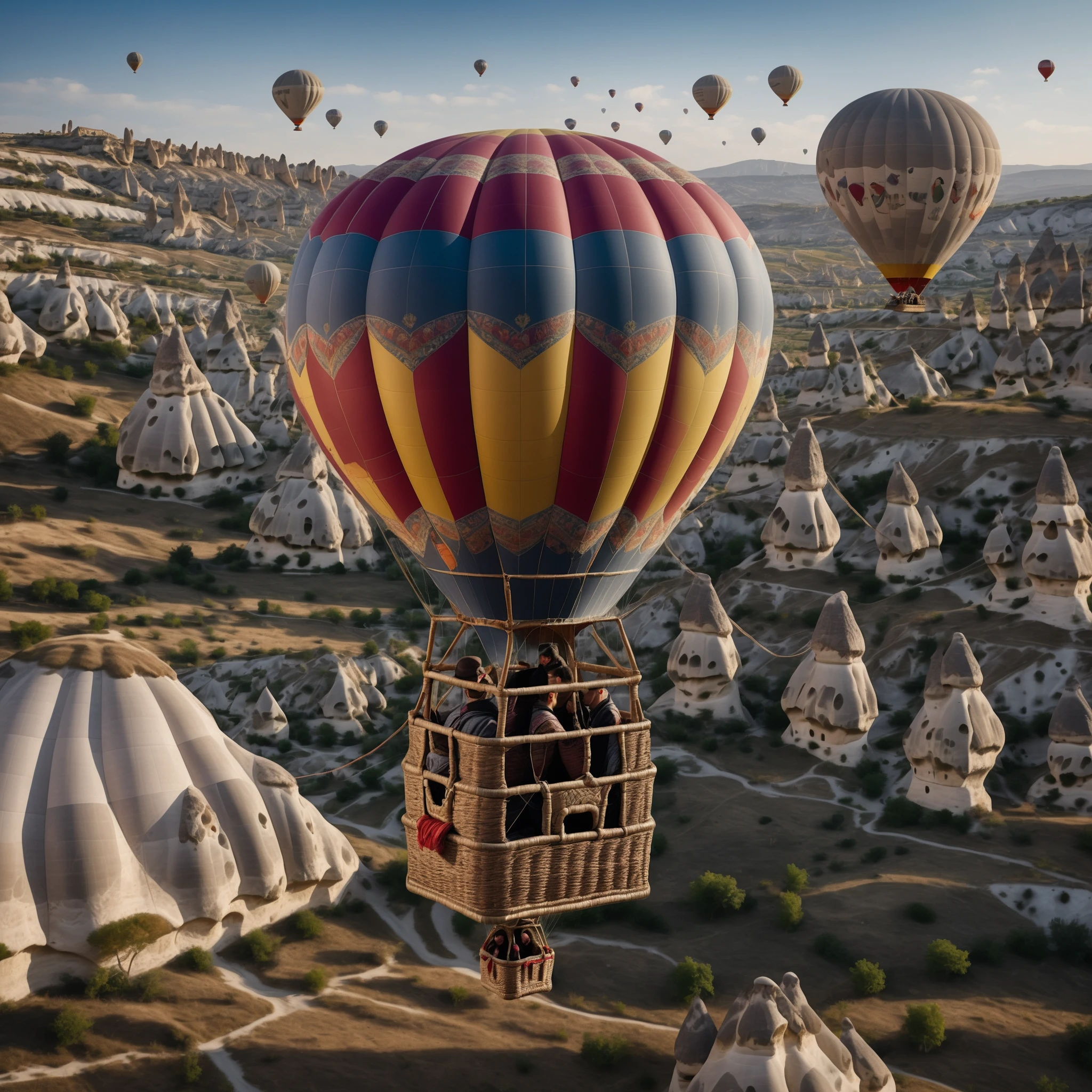 realistic image of a Cappadocia hot air balloon from 2024, with a highly detailed focus on the texture of the fabric, the ropes, and the basket.