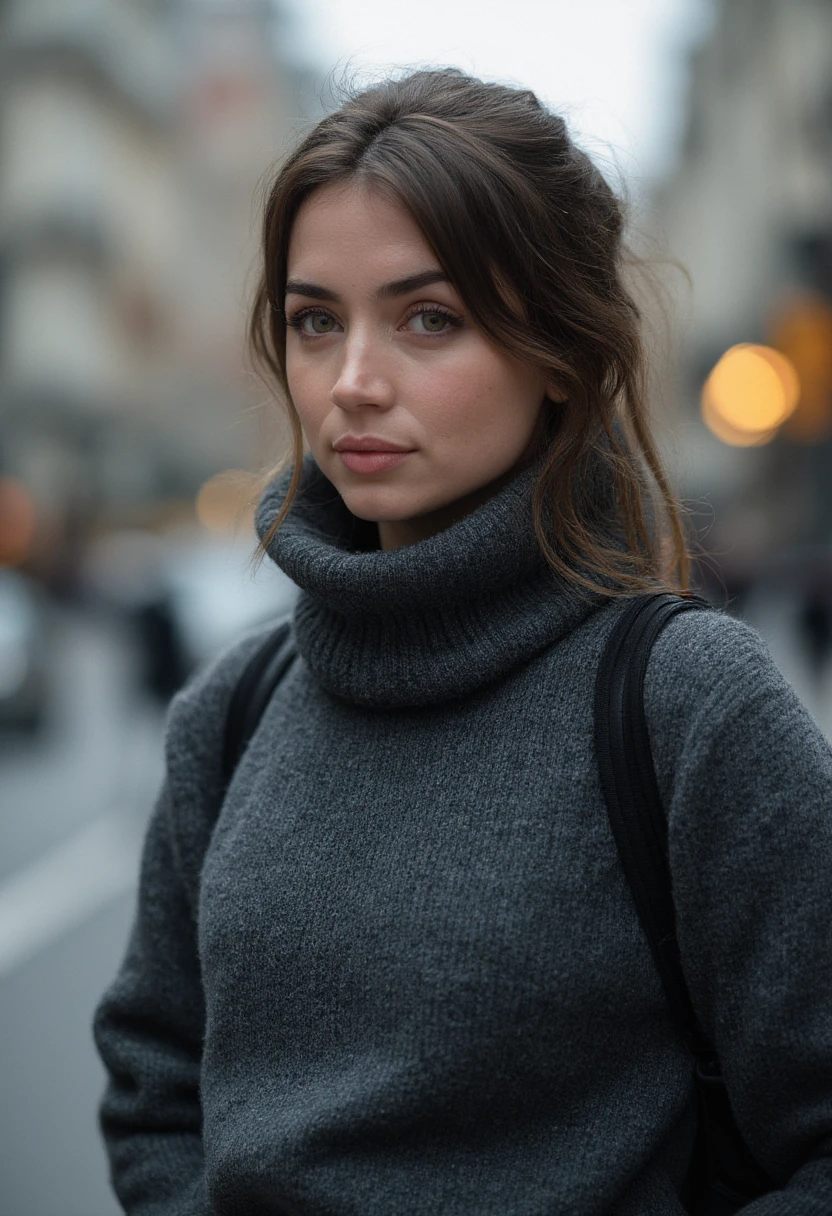 Ana de Armas is depicted in a close-up portrait outdoors on an overcast day, wearing a grey turtleneck sweater that contrasts beautifully with the soft, diffused light. The background shows a city street, blurred just enough to keep the focus on her while adding depth and context. Her expression is relaxed, with a thoughtful gaze as she looks slightly off-camera. The cool tones and subtle lighting create a moody yet elegant vibe