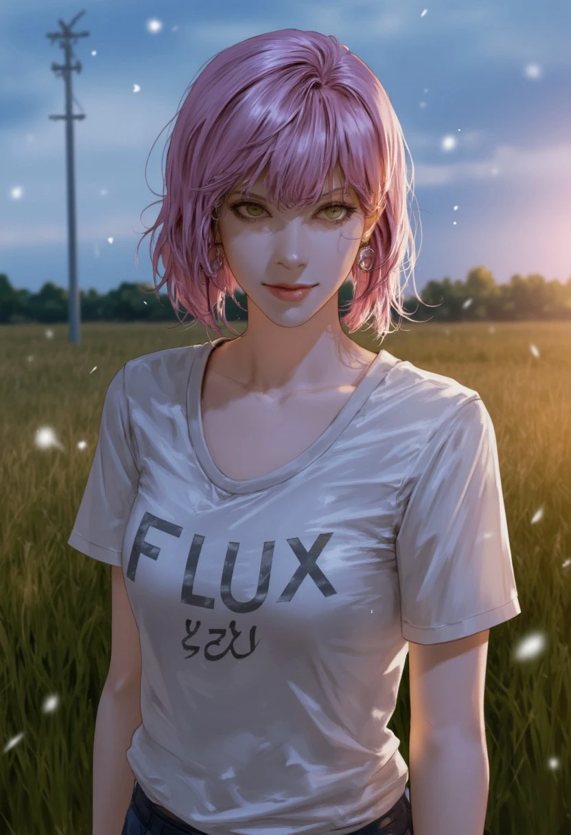 Pilyeon \(Artist\), 필연 \(예술가\), diffitud666 \(Artist\), @vlfdus__0, @pilyeon_00, 1 woman with short pink  hair, wet t-shirt with text on the shirt that says "FLUX" , parted lips and wearing with eyeliner, background is a empty grass field lit with bright flood lights, it is dusk and very early in the morning,, floating dust particles