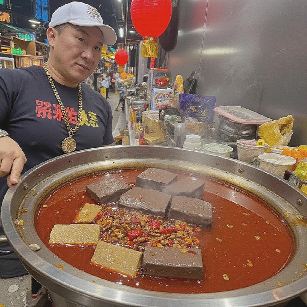 Close-up of a lively street food stall, centered on a large, steaming cauldron of spicy broth. The vendor, an older man with skilled hands, stirs the deep red-brown liquid using a long-handled ladle. The soup simmers gently, releasing aromatic steam laden with the pungent scent of chili and Sichuan peppercorns. Floating in the broth are dark cubes and white silky pieces, accompanied by a scattering of small silvery dried fish. Tiny red chili seeds and whole Sichuan peppercorns dot the surface, promising intense heat and numbing spice. A glossy layer of crimson chili oil glistens on top. Around the pot, small bowls, chopsticks, and various condiment jars are neatly arranged. Overhead, red lanterns bathe the scene in a warm, inviting glow. A customer's hands reach into the frame, accepting a steaming bowl. The background dissolves into a soft blur of movement and distant lights, evoking the atmosphere of a busy night market. Steam rises, creating a misty halo around the stall and emphasizing the central focus of the bubbling pot and the vendor's practiced movements