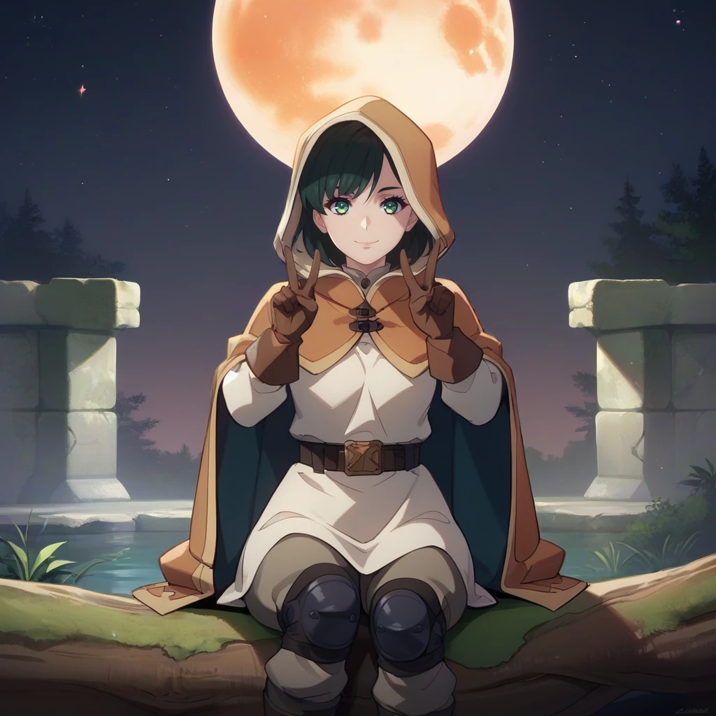 <lora:lily:1>,1girl,solo,lily (nier:automata),dark green hair,short hair,green eyes,brown hooded cloak,two-sided cloak,hood down,long sleeve white shirt,brown gloves,belt,grey pants,knee pads,
outdoors,forest,ruins,night,night sky,star \(sky\),red moon,
cowboy shot,sitting,on log,hands up,double v,smile,closed mouth,looking at viewer,, score_9, score_8_up, score_7_up, perfect anatomy, source_anime, zPDXL2,