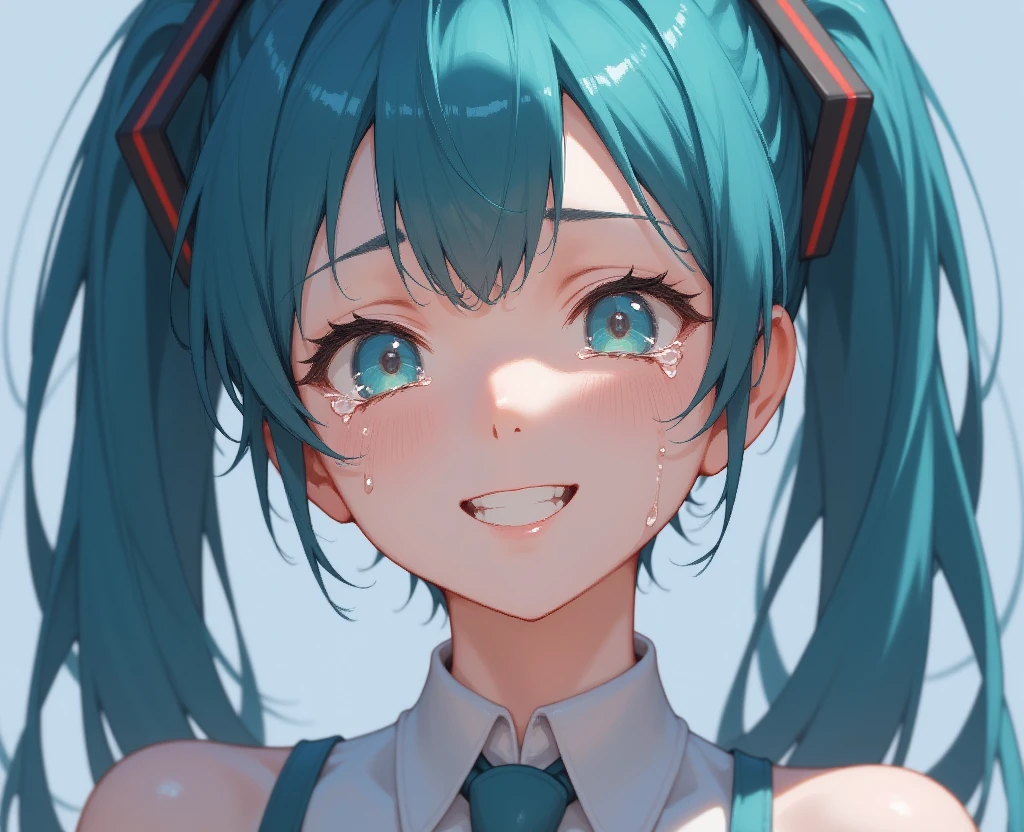 A girl is crying with tears. She is smiling, Drawn in cartoon, Hatsune Miku, anime style, unreal, upper body,
<lora:crying_with_tears_flux_v2.safetensors:1>, 