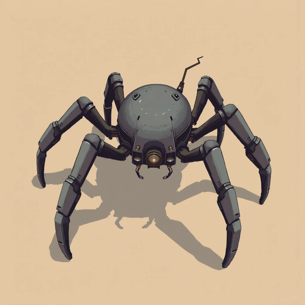 riskofrain character portrait, the mechanical spider, a medium sized mechanical parasite built by humans, it has four metal legs and a small round body, simple brown background, casting a shadow