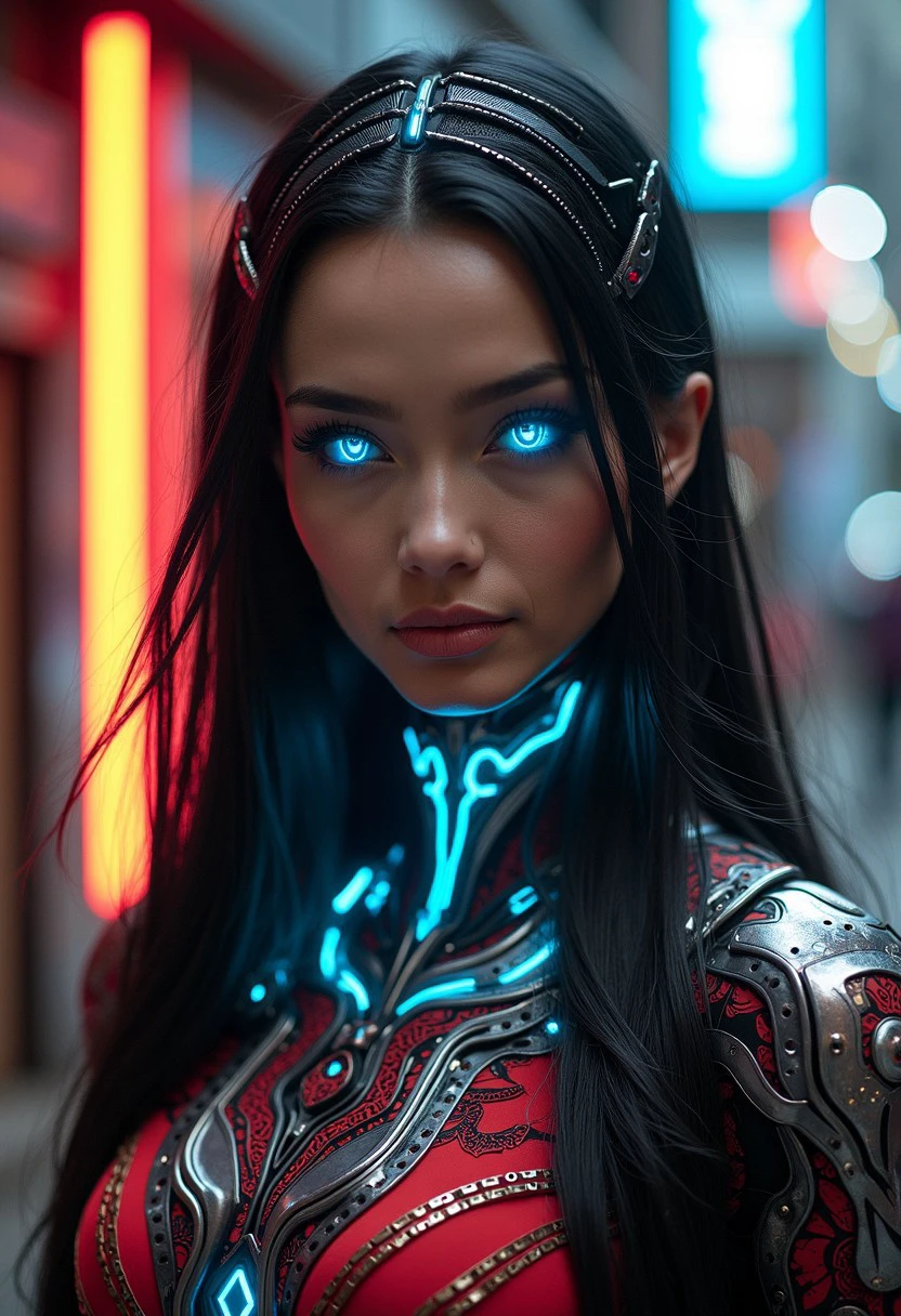 (high quality), (masterpiece), (detailed), 8K, Hyper-realistic portrait of (Indonesian cyborg maiden1.3) showcases fusion of (traditional attire1.2) with (futuristic armor1.2) and (neon accents1.2). (Intricate circuitry1.2) weaves through her (long, dark hair1.2), while (glowing blue eyes1.3) shine with (intense focus1.2). (Sleek, metallic shoulders1.2) blend seamlessly with (traditional Indonesian patterns1.2), creating a striking (blend of old and new1.2). Trending on DeviantArt.