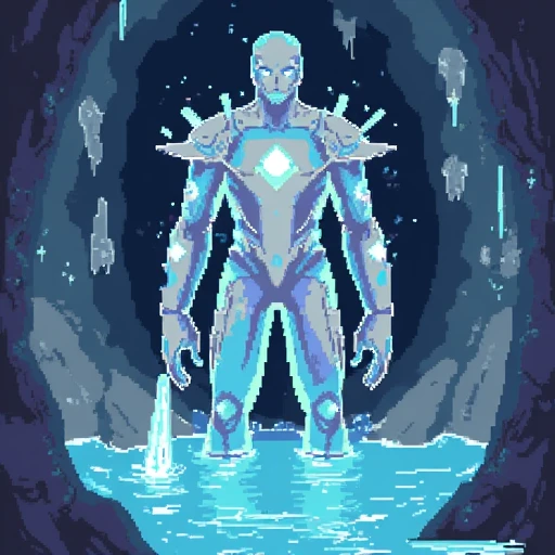 riskofrain character portrait, The Crystal Guardian: A majestic, humanoid creature made entirely of shimmering crystals. The Crystal Guardian’s body refracts light into a dazzling array of colors, and his eyes are deep, faceted gems that seem to hold ancient wisdom. He carries a crystal spear that can channel powerful energy blasts. Background: a serene, crystal cave with glowing stalactites and a tranquil, azure pool.