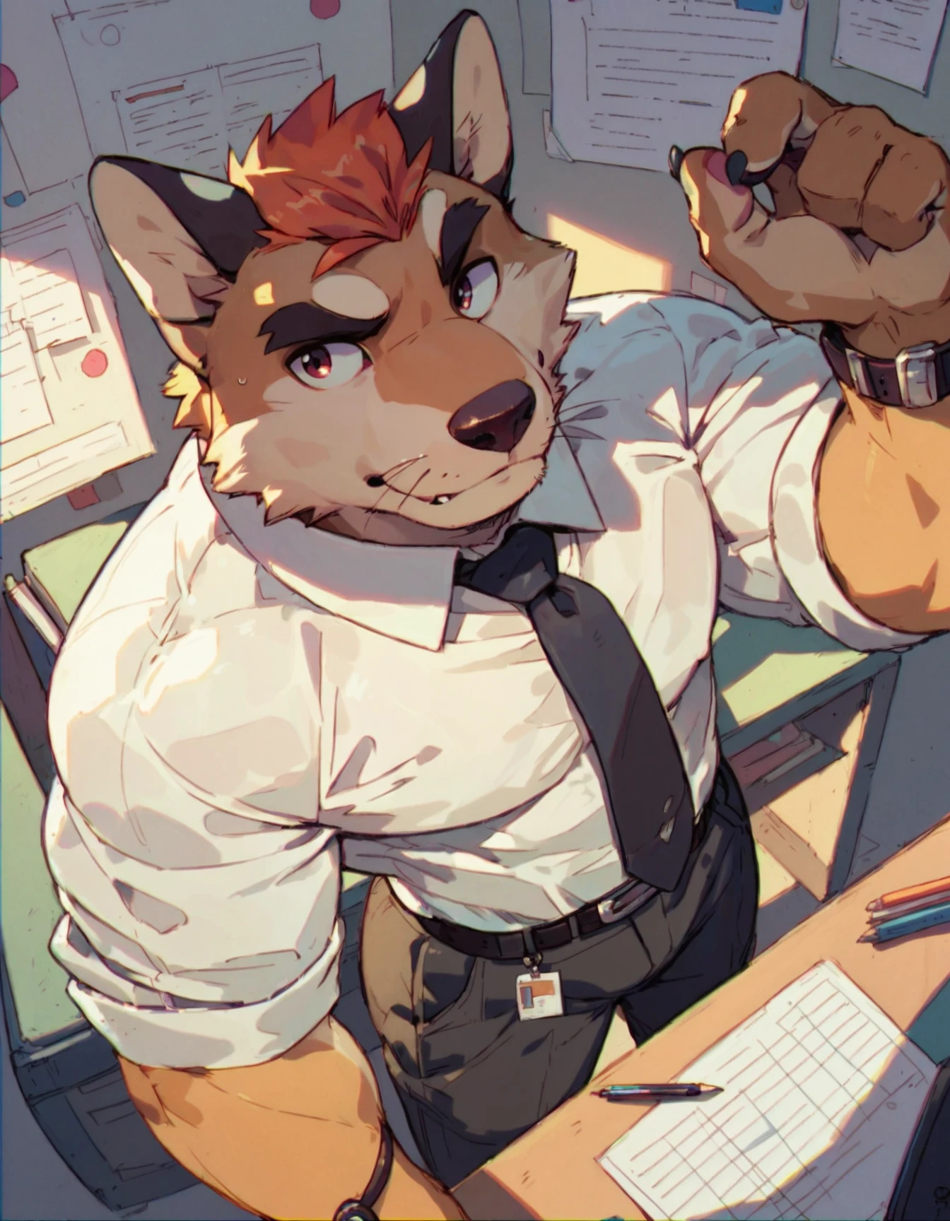 score_9, score_8_up, score_7_up, source_furry, solo, anthro, male, shiba inu, slim waist, leaning on elbow, high-angle view,


Engineer outfit, office background, sketch, lineart, detailed background