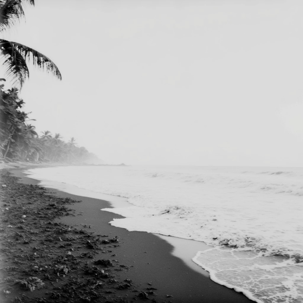 KB_ilford_xp_super_FLUX, instagram photo, a foggy beach in sri lanka, hard shadows, film grain