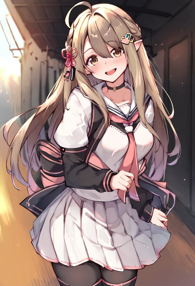 score_9, score_8_up, score_7_up, virtual youtuber, kusunoki sio, elf, pointy ears, brown eyes, brown hair, long hair, french braid, hair between eyes, ahoge, hair ornament, smile,
BREAK,
black thighhighs, blush, braid, breasts, cowboy shot, looking at viewer, medium breasts, pink necktie, neckerchief, necktie, open mouth, sailor collar, pleated skirt, <lora:Character_Kusunoki Sio:1>