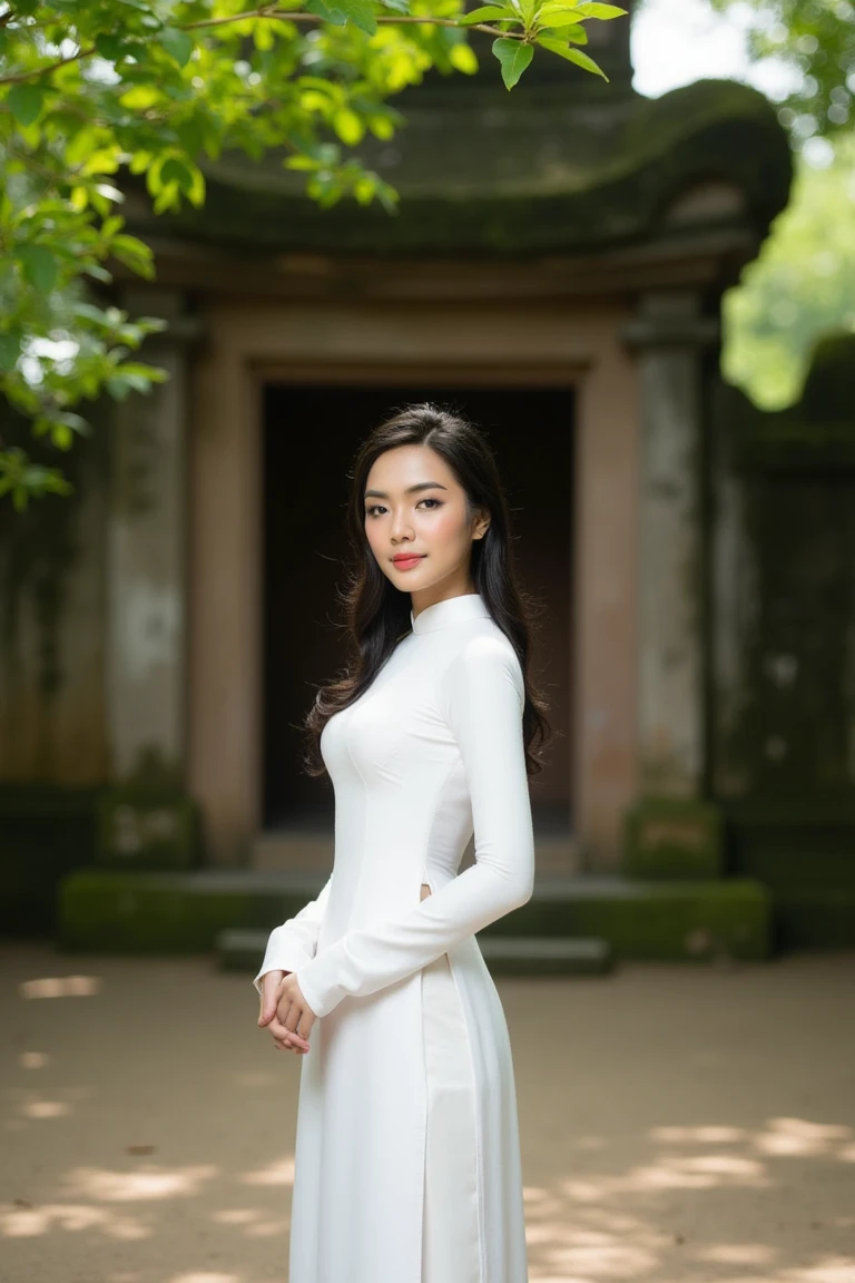 A Vietnamese girl stands with poised elegance in a traditional white ao dai, the fitted, flowing dress accentuating her graceful silhouette. Her long, jet-black hair cascades over her shoulders, contrasting beautifully against the crisp purity of her outfit. She is positioned in front of an old, moss-covered temple, where the rustic, weathered walls evoke a sense of cultural heritage and timeless beauty. The soft morning light filters through leafy trees, casting dappled shadows that dance on the ground and create a serene, tranquil ambiance. Her expression is calm and contemplative, with a subtle smile hinting at inner peace. The shot is taken from a three-quarter angle, highlighting both her elegant form and the rich textures of the traditional setting. The mood is serene and dignified, capturing the harmony between her delicate beauty and the cultural depth of her surroundings.