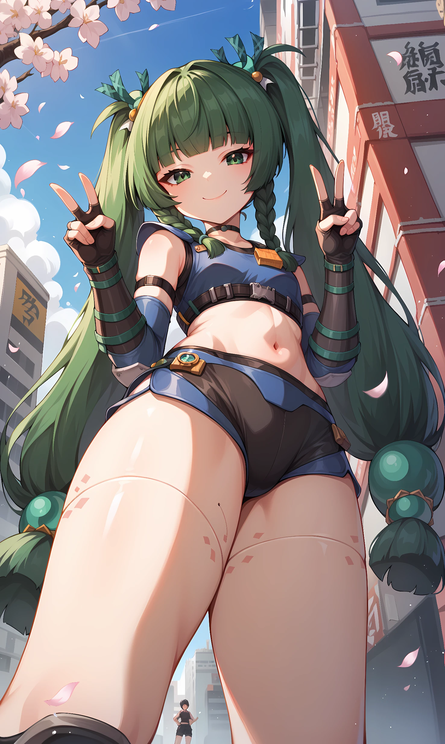 score_9, score_8_up, score_7_up, BREAK source_anime, 1girl, solo, outdoors, street, cherry blossoms, cowboy shot, standing, looking at viewer, qingyi, green eyes, green hair, very long hair, twintails, blunt bangs, hair bobbles, side braids, hair ornament, fingerless gloves, robot joints, black shorts, navel, choker, crop top, knee pads, elbow gloves, black sneakers, gauntlets, smile, closed mouth, from below, double v