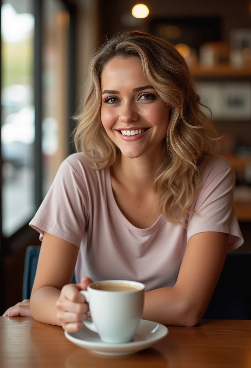 miamalkova, wearing a t-shirt, sitting in a cafe drinking an coffee. looking at the viewer smiling, happy