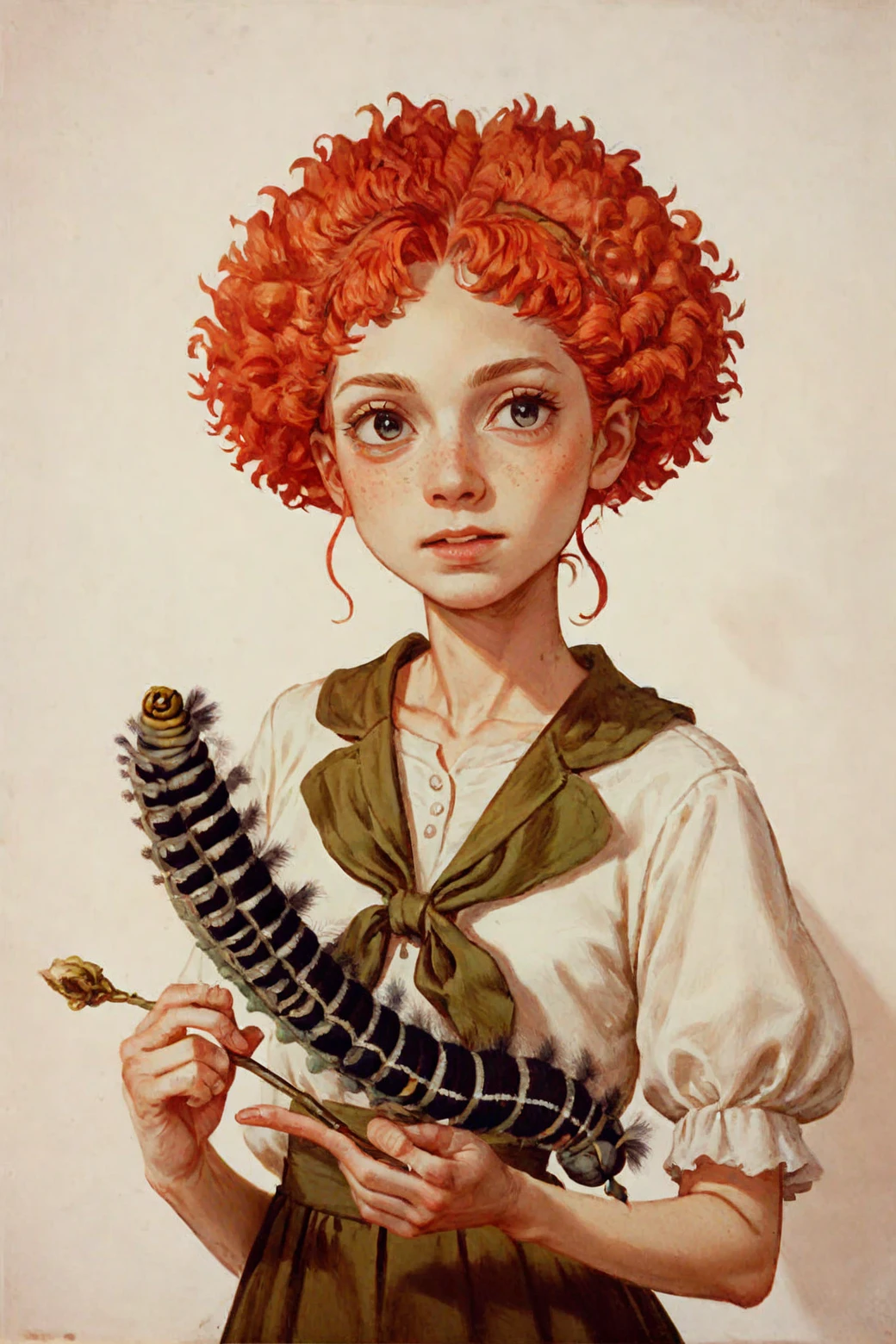 <lora:maria-sibylla-merian_pony_v1:1> ' 1girl ' by merian maria sibylla in 1933,naturalism \(style\),  painting \(medium\)      a portrait of a young woman holding a caterpillar, score_9, score_6_up, score_7_up