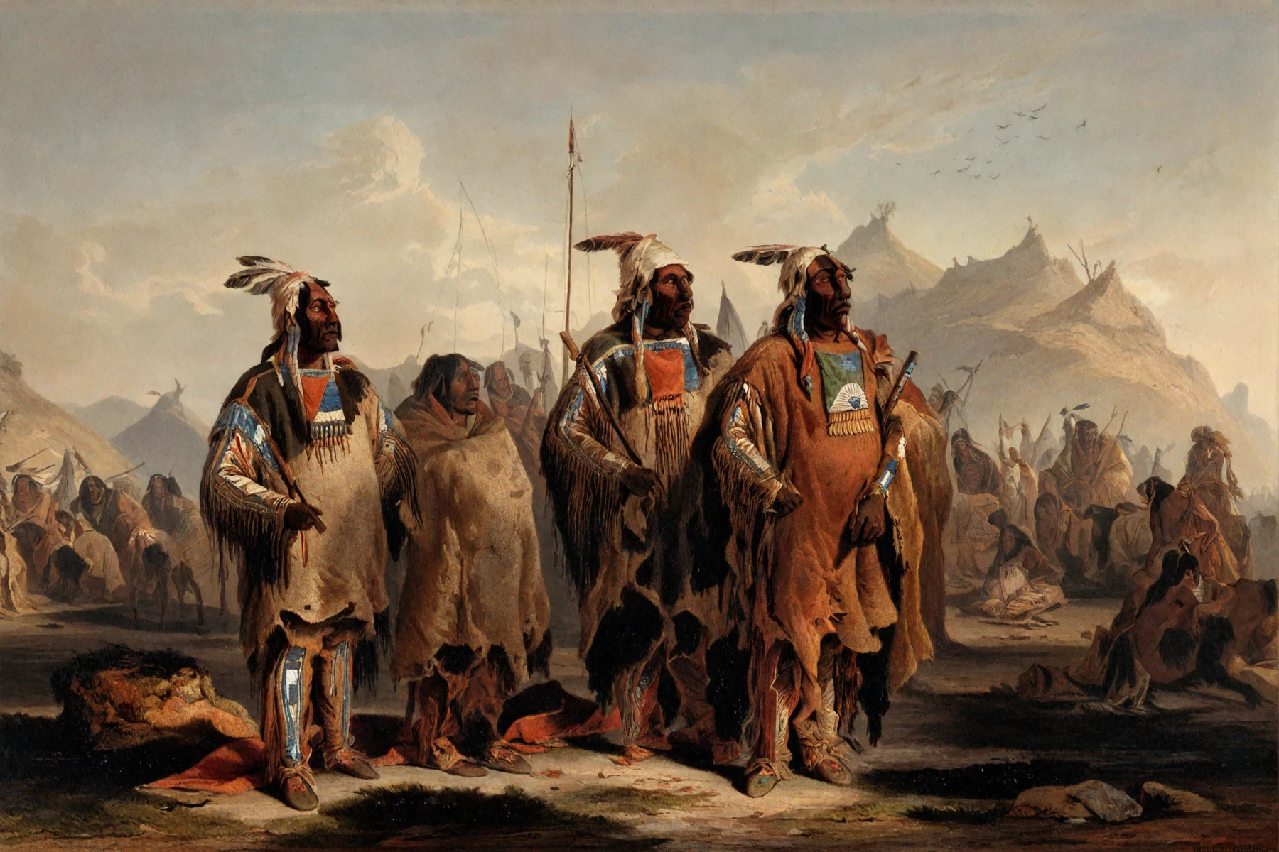 <lora:karl-bodmer_pony_v1:1> ' old west ' by bodmer karl in 1832, romanticism \(style\), genre painting \(genre\), mandan chief is standinh in front of a tipi, score_9, score_6_up, score_7_up