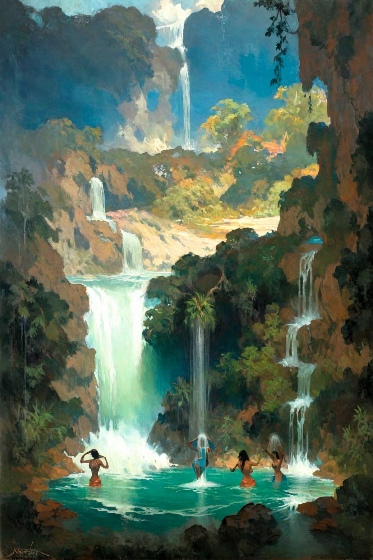 <lora:basuki-abdullah_pony_v1:1> ' a view ' by Abdullah Basuki in 1952,  realism \(style\), landscape \(genre\), people showering at the bottom of a giant waterfall, score_9, score_6_up, score_7_up