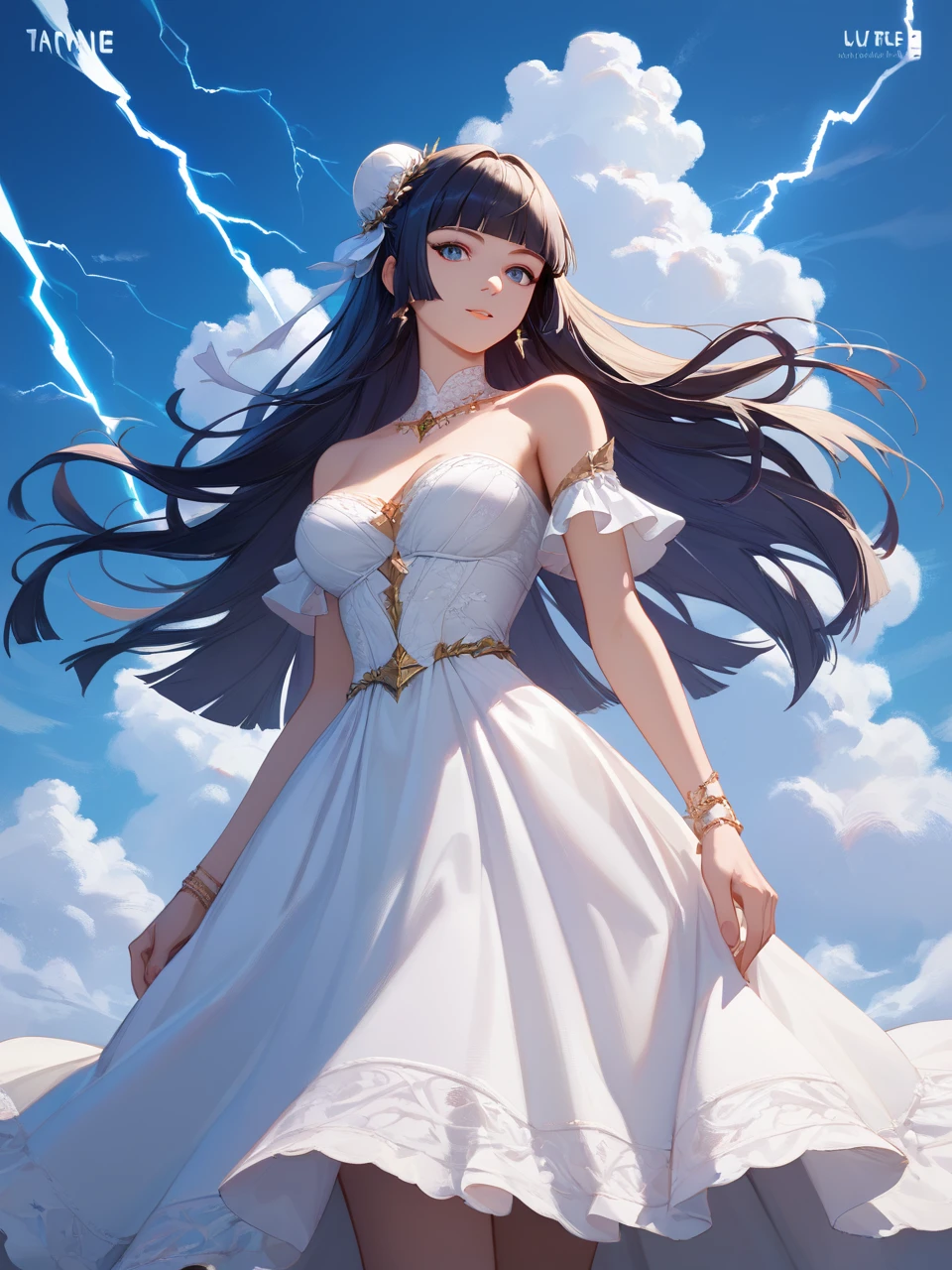 score_9,score_8_up,score_7_up,
1girl,solo,best quality,highres,masterpiece,hime cut,
long hair,breasts,dress,bare shoulders,jewelry,standing,sky,cloud,white dress,strapless,single hair bun,cloudy sky,wind,lightning,
Chrome plated material,concept art,highly detailed,ultra-high resolution,32K UHD,sharp focus,best-quality,masterpiece,golden hour,unconventional supreme masterpiece,masterful details,temperate atmosphere,with a high-end texture,in the style of fashion photography,magazine cover,Dynamic Angle,Dynamic posture,
