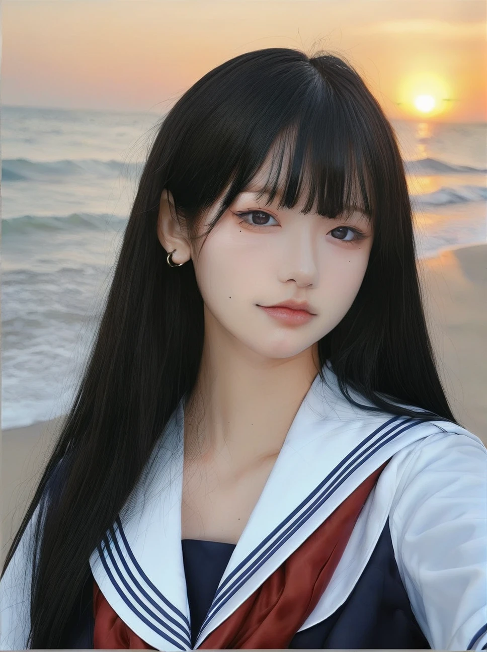 face03,bright_pupils,black eyes,eyeshadow,long_eyelashes,mole_under_eye,,black sailor suit,1girl,solo,school uniform,realistic,looking at viewer,serafuku,sailor collar,earrings,jewelry,neckerchief,red neckerchief,shirt,closed mouth,<lora:face03_pony:0.9>, xxmix_girl,a woman takes a fisheye selfie on a beach at sunset,the wind blowing through her messy hair. The sea stretches out behind her,creating a stunning aesthetic and atmosphere with a rating of 1.2.,xxmix girl woman,