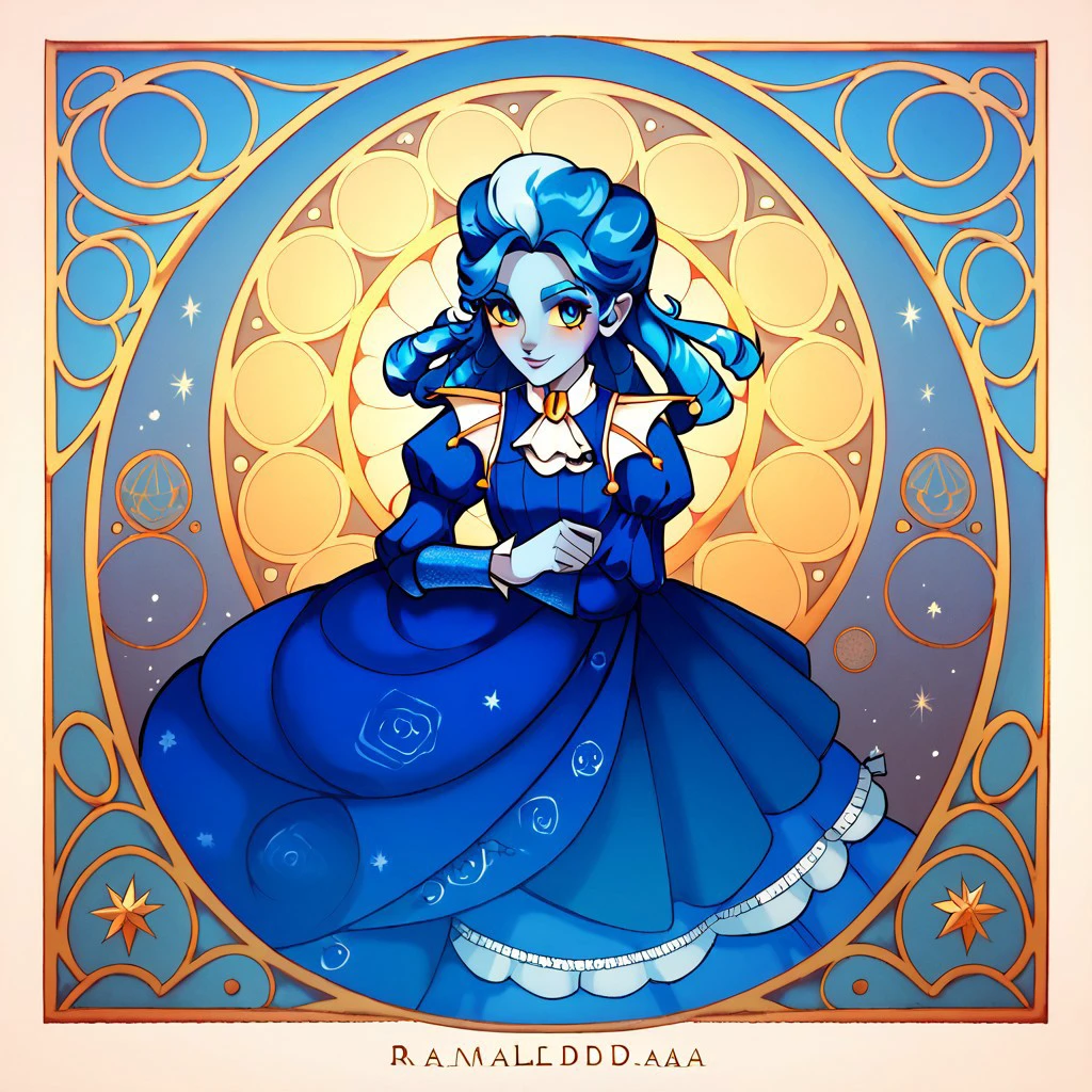 score_9, score_8_up, score_7_up, masterpiece, frankelda, 1girl, solo, dress, striped, blue hair, puffy sleeves, high heels, colored skin, art nouveau, blue eyes, glowing yellow sclera, half body, blue shades, shy smile