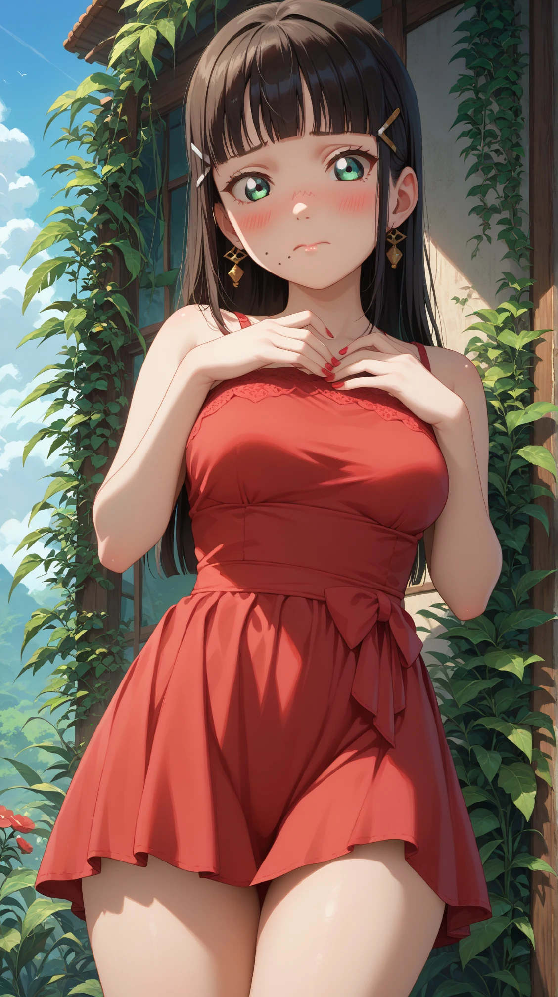 score_9, score_8_up, score_7_up, solo, 1girl, kurodia, long hair, hair ornament, blunt bangs, hairclip, mole under mouth, medium breasts, closed mouth, 
red dress, embarrassed, blush
(thighs:1.3), cowboy shot, outdoors, greenery, nail polish, sky
<lora:kurodia-04:1>