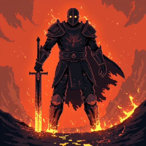 riskofrain character portrait, The Ember Knight: A towering figure clad in ancient, charred armor, the Ember Knight’s body is wreathed in perpetual flames. His eyes burn with an intense orange glow, and his sword, forged from molten lava, drips with fiery embers. The ground beneath him scorches with every step, leaving a trail of smoldering footprints. Background: a desolate, ash-covered battlefield under a blood-red sky.