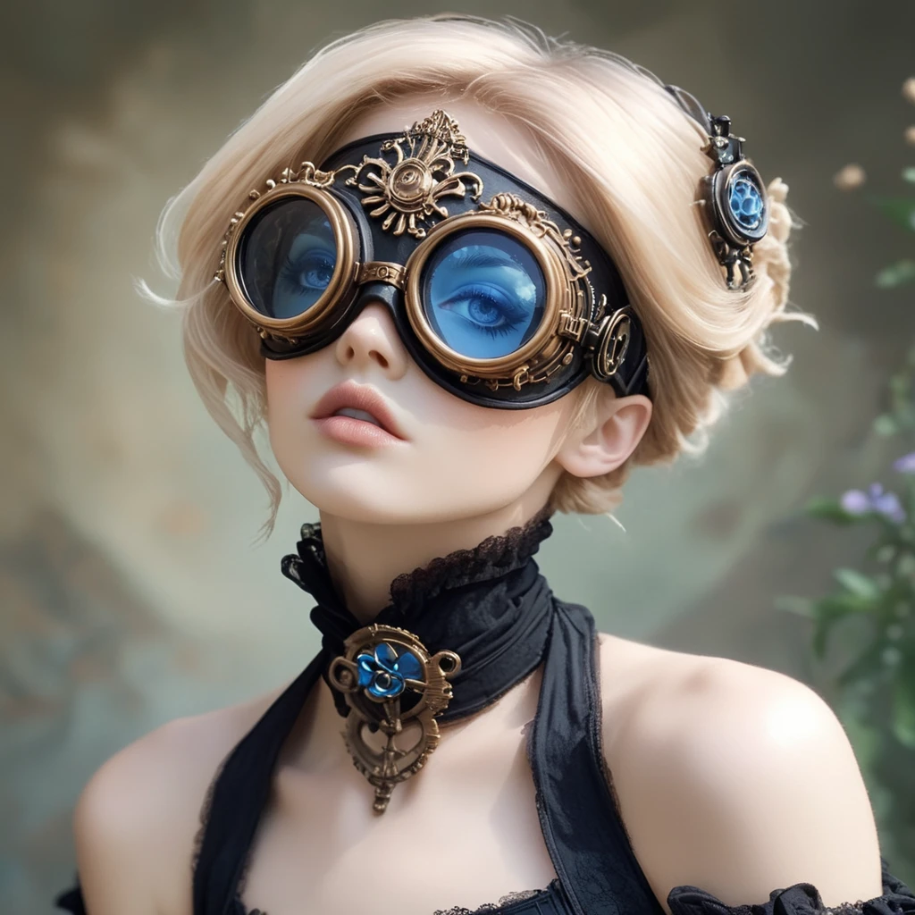 <lora:Rococo_Steampunk_SDXL:1> ArsMJStyle, Rococo Steampunk, The image shows a woman wearing a black dress and a pair of steampunk goggles with blue lenses. The background is slightly blurred giving the image a dreamy ethereal feel., 1girl, solo, goggles, lips, blonde hair, portrait, blurry, choker, realistic, short hair, flower, closed mouth, blurry background, bare shoulders
