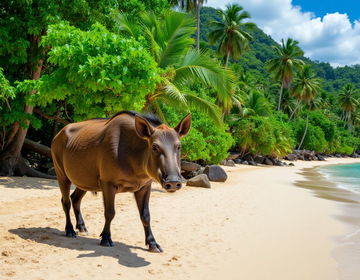 <lora:Jungle_Beach_Style:1>jungle beach with a large boar