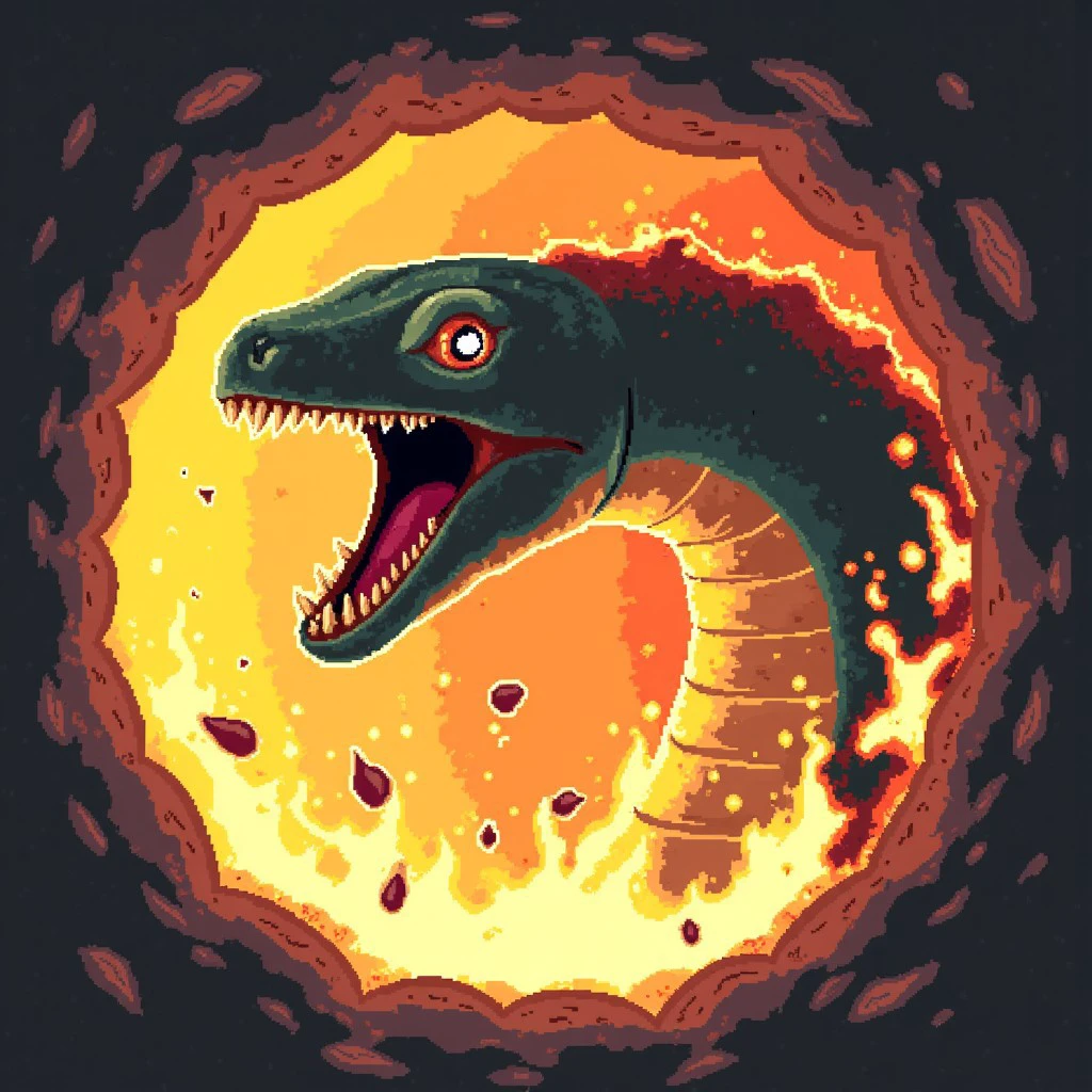 riskofrain character portrait, the magma worm, an ancient reptile that burrows through the hot core of the world, its body covered in flame and it's mouth open wide, the magma worm is seen escaping from the crust of the planet with debris blastic away from the exit crater