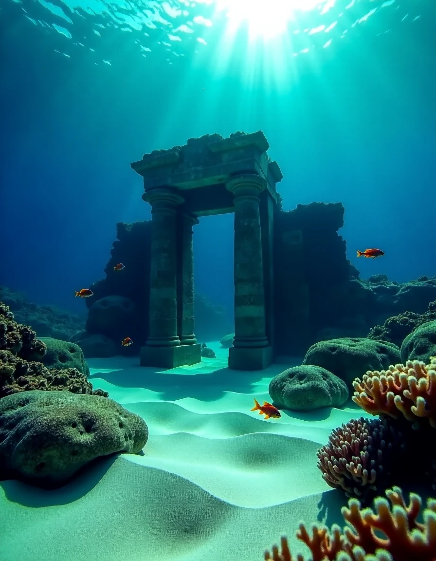 an ancient ruined temple is sitting at the bottom of the seabed, there is sand an coral, there are fish swimming through the ruins, <lora:The_Deep_Dark_Ocean-SD1.5PonySDXLFlux:0.5>, deepdarkocean, best quality, masterpiece, 4k, perfect lighting, very aesthetic, detailed, very detailed