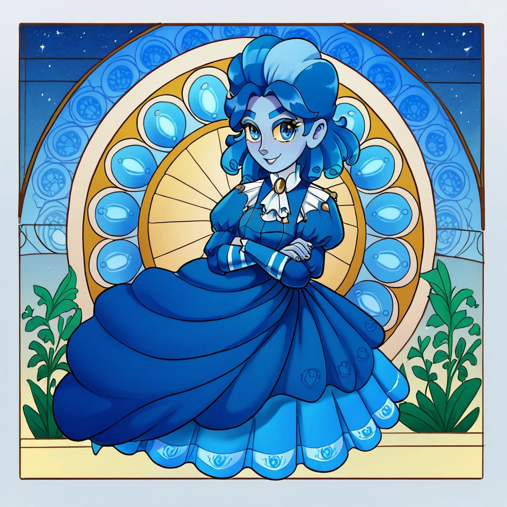 score_9, score_8_up, score_7_up, masterpiece, frankelda, 1girl, solo, dress, striped, blue hair, puffy sleeves, high heels, colored skin, art nouveau, blue eyes, glowing yellow sclera, half body, blue shades, shy smile