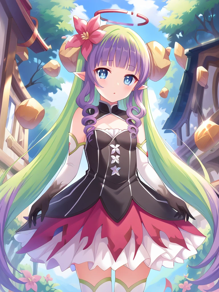 <lora:_ameth_elesico-pony-v2:0.8>amethpcrbase, very long hair, blunt bangs, two-tone hair, pointy ears, halo, hair flower, red flower, hair ornament, ringlets, black dress, strapless, bare shoulders, red dress, black gloves, elbow gloves, thighhighs, frills,
 <lora:PCR_Style:0.6>PCR_Style,
BREAK score_9, score_8_up, score_7_up, BREAK,source_anime, best quality, masterpiece, uncensored,zPDXLpg, clear_eyes,anime screencap,official art,
outdoors,