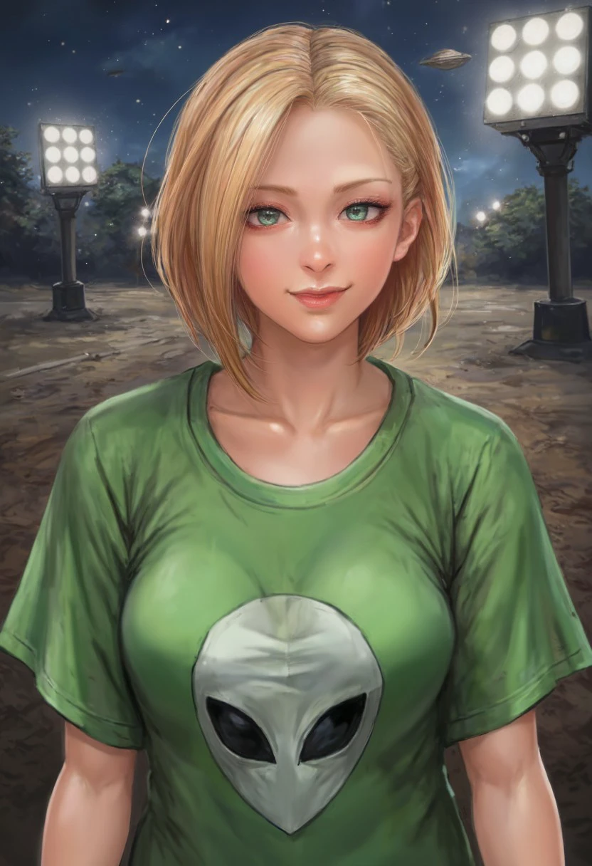 michemashu55 \(Artist\), miche \(Artist\), @michemashu55, 1 woman with short blonde orange hair, green t-shirt with a minimalistic alien design on the front, smiling and wearing with eyeliner, background is a empty grass field lit with bright flood lights, flying alien saucers can be faintly seen in the background, it is dusk and very early in the morning,, floating dust particles