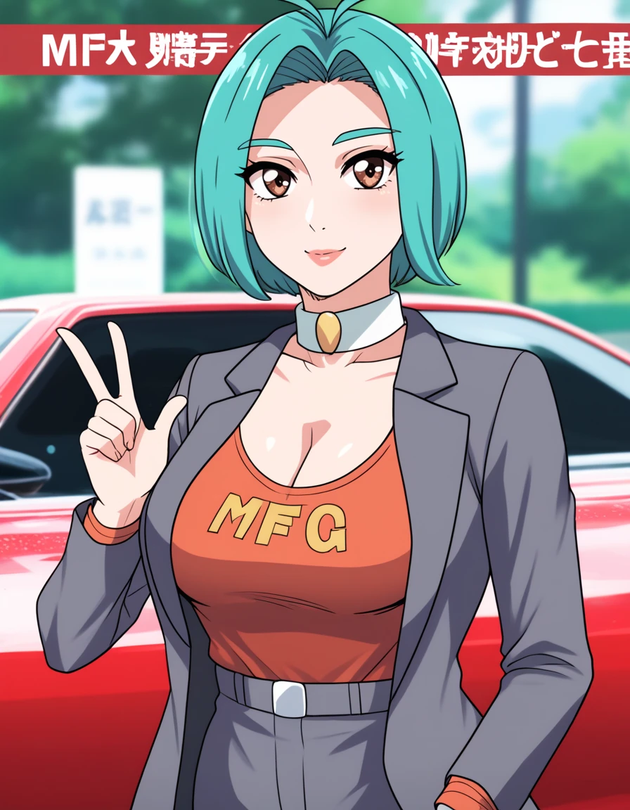 score_9, score_8_up, score_7_up, score_6_up, <lora:mf_ghost-PONY:1>, mf_ghost, source_anime, 1girl, solo, fauxhawk, Turquoise hair, posing, professional portrait, bokeh, red sports car background, cleavage, beautiful eyes, cute, mature, detailed eyes, iris, rating_questionable, bold lines,