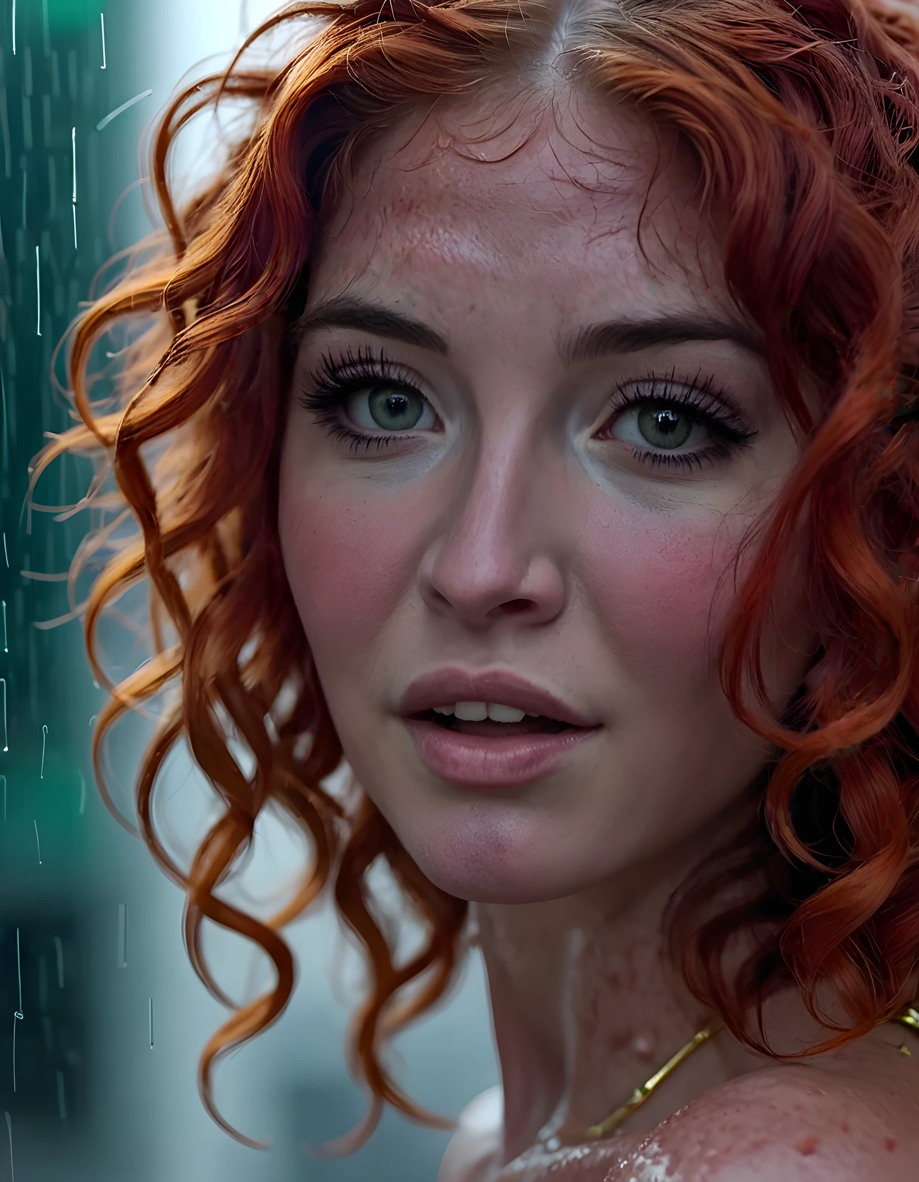 In a gritty, neo-noir setting reminiscent of Blade Runner's rain-soaked cityscape, a close-up shot captures Z03N3L1, a woman with cascading red curls and freckles that add a touch of warmth to her gaunt features. Her emerald green eyes are closed, revealing the delicate curve of her parted lips, while a glint of metal catches the light from her intricate gold jewelry. The camera angles from below emphasizes her piercing gaze, as she looks directly at the viewer with an enigmatic expression, her teeth bared in a subtle smile that hints at both vulnerability and strength. The dimly lit environment casts deep shadows across her face, creating a dramatic contrast against the vibrant cityscape visible through the rain-streaked window behind her, while the reflective surface of her sunglasses mirrors the pulsating neon lights, adding an additional layer to this captivating image. The emotional tone is a mix of mystery and allure, leaving the viewer yearning for more insights into Z03N3L1's enigmatic character.