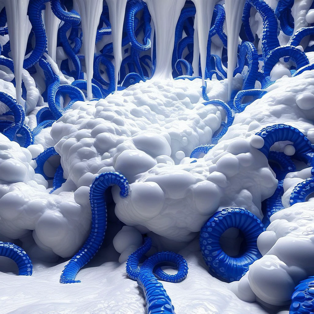 "Close view. A picture of a place filled with intense royal blue fat plump tentacles with pallus-like ends like alien plants which meanders through a big hill of thick white slime. The intense royal blue fat plump tentacles with pallus-like ends are thick and crowl into every edge of the image and burst out thick white slime. There is nothing but intense royal blue fat plump tentacles with pallus-like ends and white thick slime. intense royal blue fat plump tentacles are coming from the ceiling, too. The thick white slime is wild with waves and thick bubbles. Big white slime waves like a tsunami. Big white slime bubbles are floating in the air. The intense royal blue fat plump tentacles are extreme thick and huge. The white slime looks like a white bubblebath. Some tentacle spit white slime out like a hose. Thick white slime makes big bulges and hills on the floor. Streams of thick creamy white slime are falling from the ceiling. Big splatters of thick white slime. The white mucus bubbles and bulges upwards.", bluetentws, (blender style), 3D, masterpiece