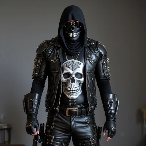 wide shot photo of 1man, solo, 3d, belt, black leather jacket, gloves, grin, looking at viewer, half-face skull mask, black leather pants with metal spikes, black leather fingerless gloves, pouch, standing, sunglasses, black leather vest, arm tattoo, back tattoo, badge, bandaid on arm, barcode, barcode tattoo, body writing, bodypaint, bracelet, skull logo on chest, button badge, chest tattoo, clothes writing, cuffs, denim, full-body black leather oufit, gun, handcuffs, heart tattoo, holster, holstered weapon, jewelry, leg tattoo, mask, neck tattoo, number tattoo, shoulder tattoo, skull, solo, spiked bracelet, spikes, standing, stomach tattoo, tattoo, watch, weapon, wristband, wristwatch, cinematic volumetric lighting, wide shot with Sony Fx6