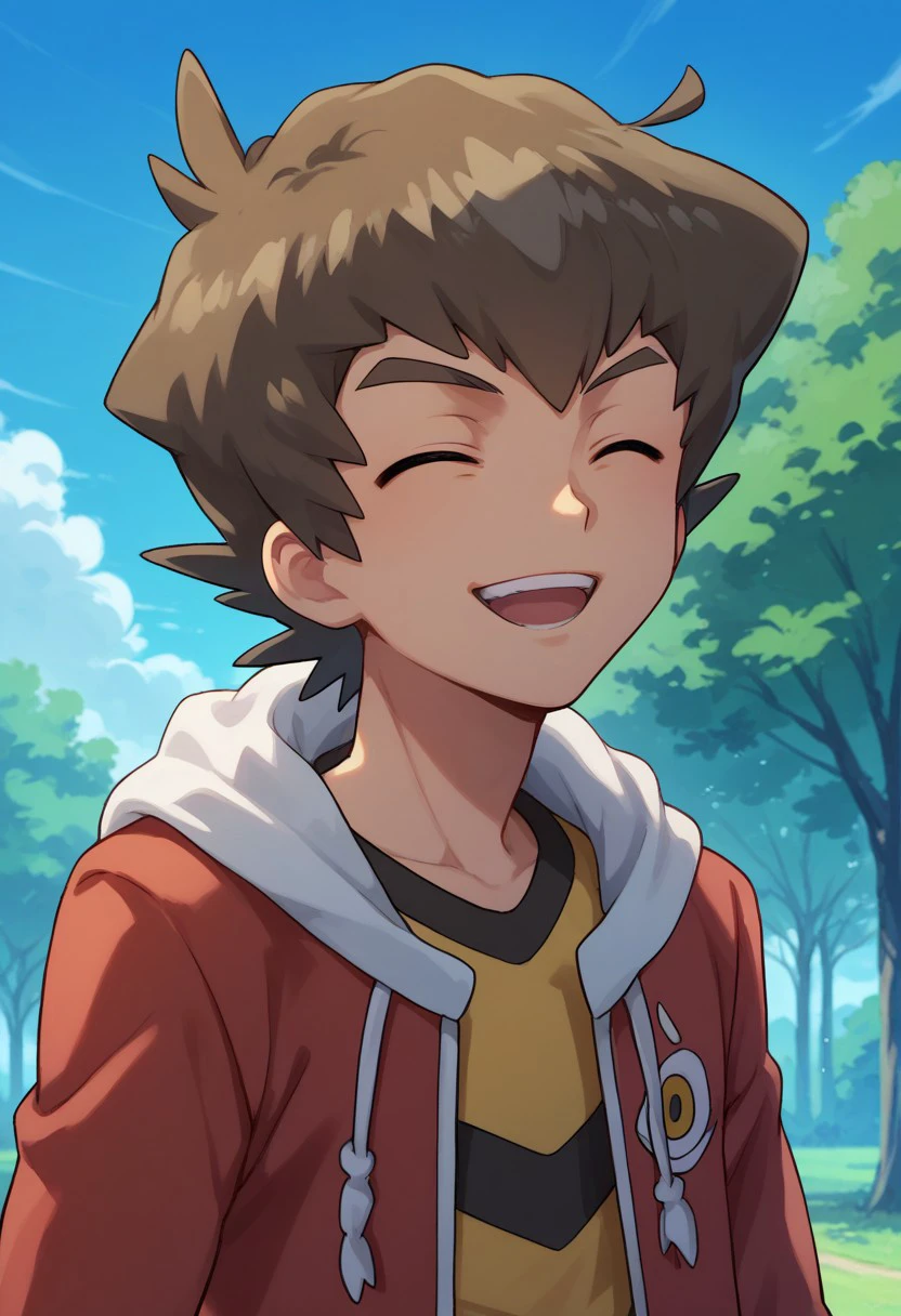 score_9, score_8_up, score_7_up, source_anime, highly detailed,
yamano, 1boy, male focus, brown hair, closed eyes, open mouth, solo, smile, upper body, teeth, hoodie, hood, red hoodie,
open hoodie, shirt, yellow shirt,
outdoor, sky, tree, sit,