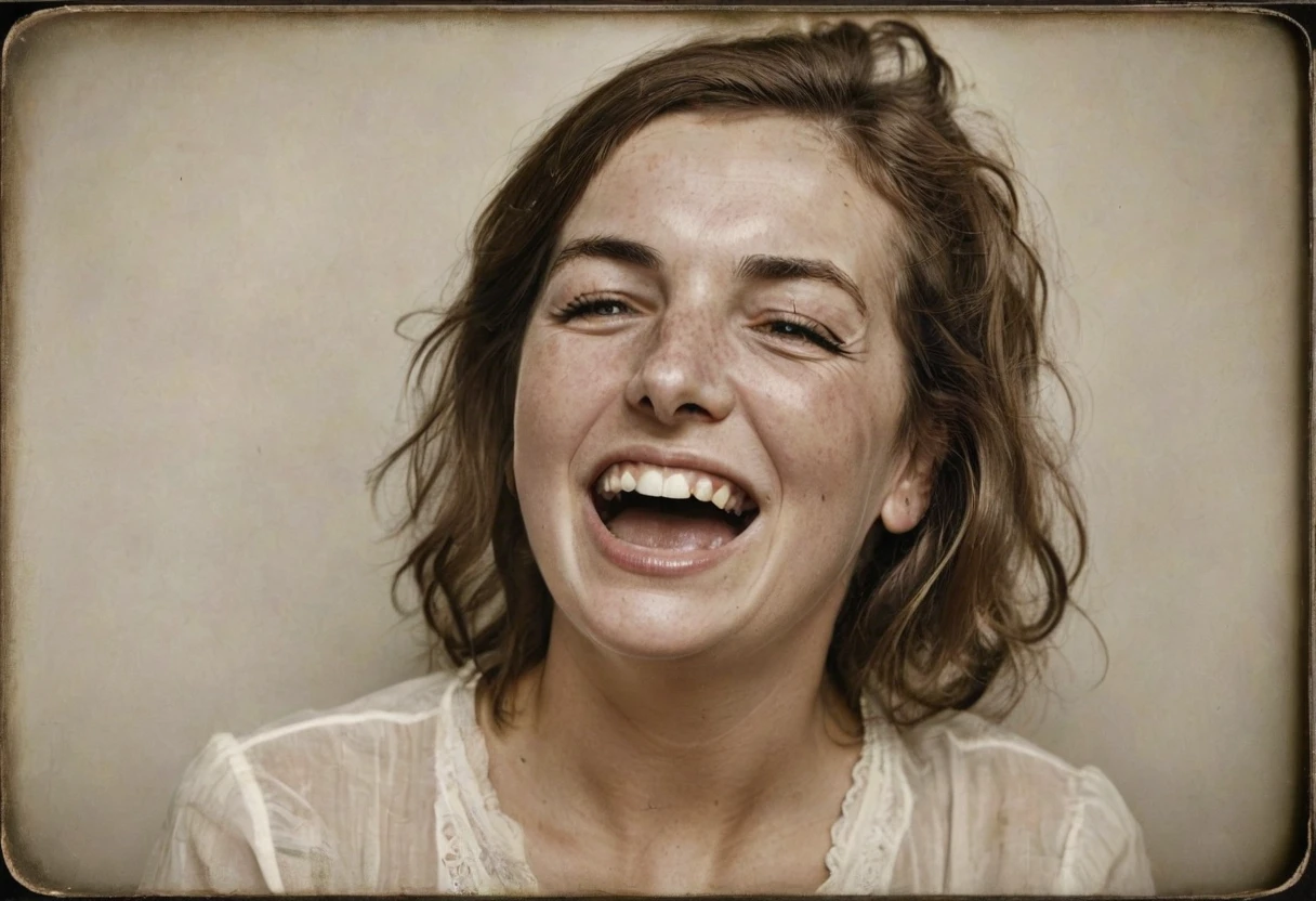 camilla woman,giggling, grotty, old photograph, hyper-realism<lora:Camilla Belle SDXL>