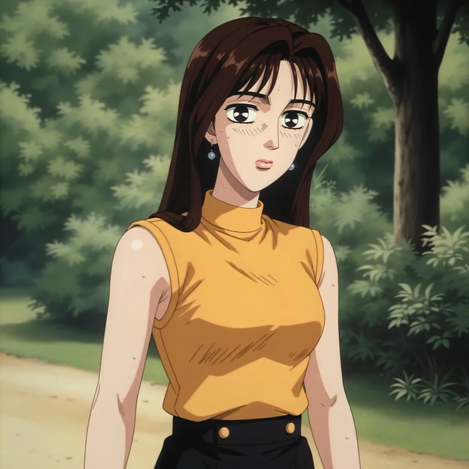 <lora:ID_MakoSatoXLpony001>,
outdoors,nature,
looking at viewer,parted lips,sweat,
solo,
MakoSato,1girl,brown hair,long hair,black eyes,
earrings,
yellow shirt,turtleneck,sleeveless,
pencil_skirt,black skirt,
standing,