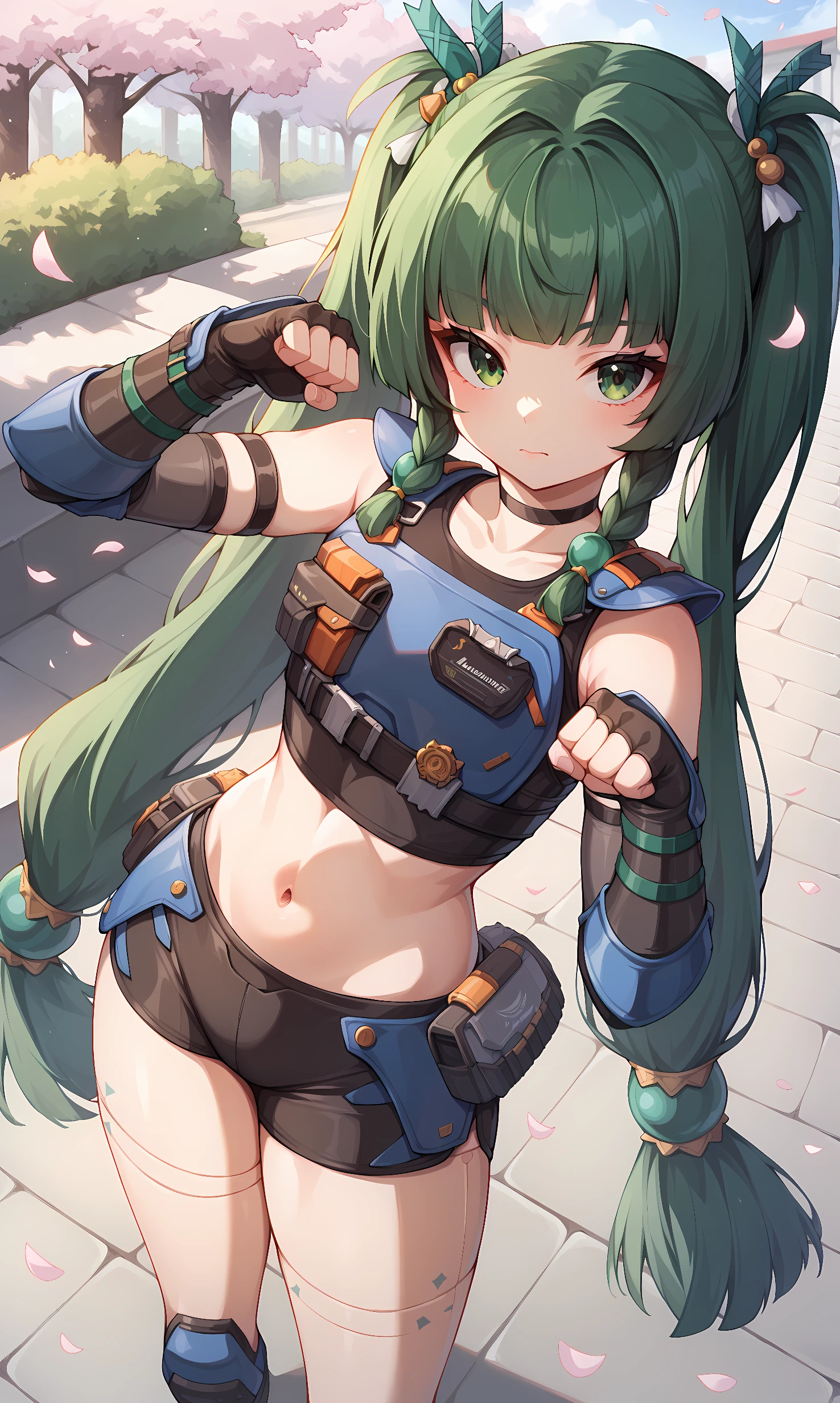 score_9, score_8_up, score_7_up, BREAK source_anime, 1girl, solo, outdoors, street, cherry blossoms, cowboy shot, standing, looking at viewer, qingyi, green eyes, green hair, very long hair, twintails, blunt bangs, hair bobbles, side braids, hair ornament, fingerless gloves, robot joints, black shorts, navel, choker, crop top, knee pads, elbow gloves, black sneakers, gauntlets,  closed mouth, from above, paw pose