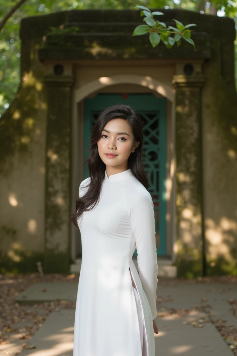 A Vietnamese girl stands with poised elegance in a traditional white ao dai, the fitted, flowing dress accentuating her graceful silhouette. Her long, jet-black hair cascades over her shoulders, contrasting beautifully against the crisp purity of her outfit. She is positioned in front of an old, moss-covered temple, where the rustic, weathered walls evoke a sense of cultural heritage and timeless beauty. The soft morning light filters through leafy trees, casting dappled shadows that dance on the ground and create a serene, tranquil ambiance. Her expression is calm and contemplative, with a subtle smile hinting at inner peace. The shot is taken from a three-quarter angle, highlighting both her elegant form and the rich textures of the traditional setting. The mood is serene and dignified, capturing the harmony between her delicate beauty and the cultural depth of her surroundings.