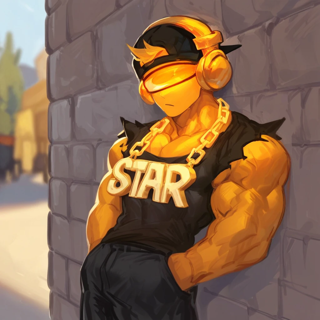 score_9, score_8_up, score_7_up, djTDS, 1boy, male focus, ripped sleeveless shirt, neon orange visor, backwards cap, headphones, golden chain necklace, muscular, black pants, leaning against wall, outside background, blurry background, hands in pockets, looking at viewer, grinning