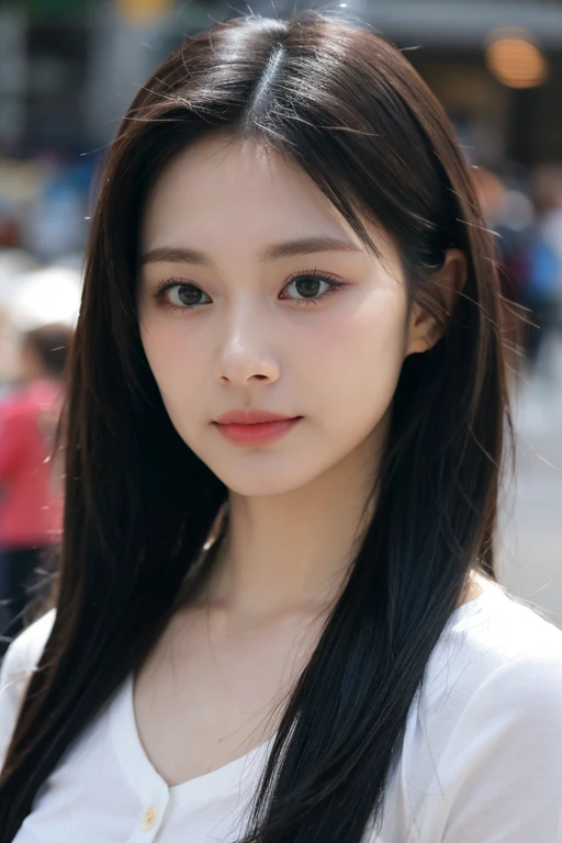 masterpiece, best quality, ultra-detailed, ultra high res, (photorealistic:1.4), raw photo, (realistic:0.2), 8k HDR, realistic lighting, looking at viewer, 1girl, solo, asymmetrical hair, outdoor, (traditional market:1.2), (day), bokeh, (detailed lips), (detailed pores), (detailed skin textures), (detailed face:1.2), (body:1.2), a woman in a cardigan, cowboy shot,