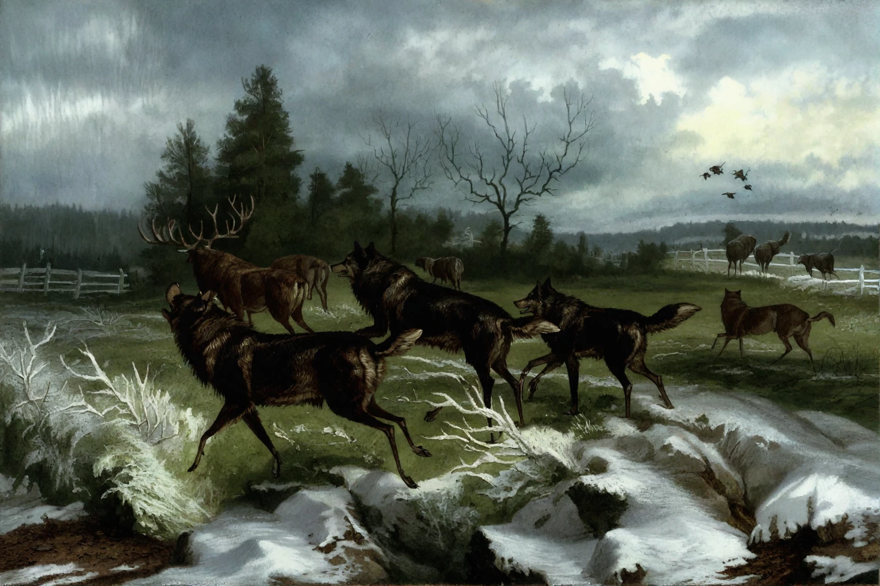 <lora:karl-bodmer_pony_v1:1> ' wildlife ' by bodmer karl in 1832, romanticism \(style\), animal painting \(genre\), wildlife painting \(genre\), a pack of wolves hunting in a forest , wolf, score_9, score_6_up, score_7_up