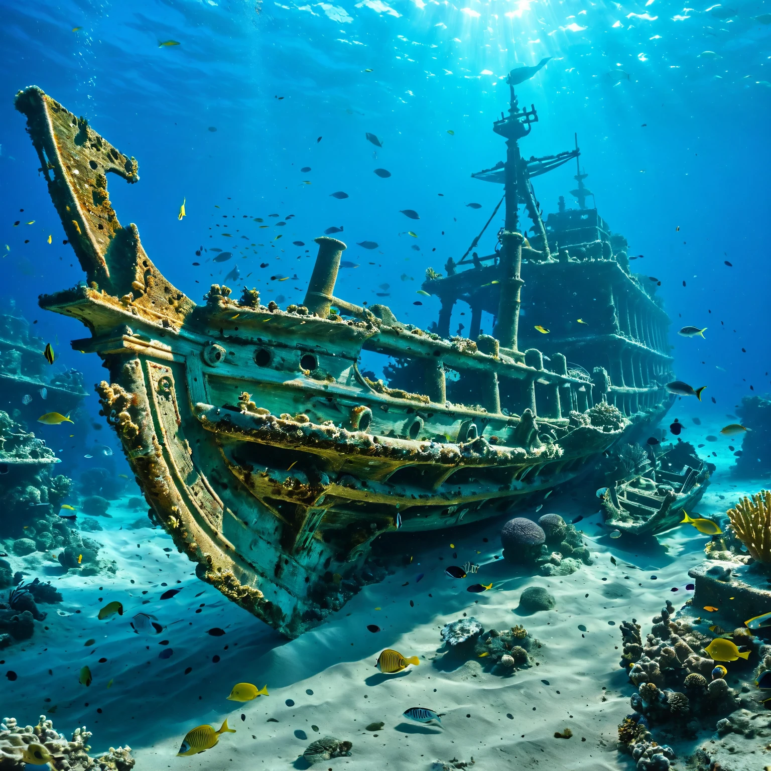 underwater, sunken ancient shipwreck, sand, coral, fish, best quality, masterpiece, 4k, uncensored, prefect lighting, rating_explicit, very aesthetic, detailed, <lora:add_details_xl:0.6>, very detailed, <lora:SDXLHighDetail_v5:0.6>