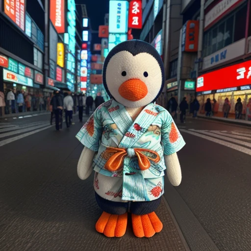 a photo of a toy penguin wearing a brown yukata while walking down across a big city intersection in tokyo japan, night, dark, neon signs <lora:peanut:.5>