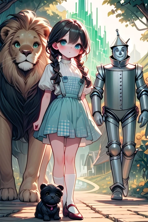 ((wizard of oz)), ((tin man)), ((the scarecrow)), [[black toto]], [cowardly lion], dorothy gale, yellow brick road, emerald city in distance, flower, under tree, facing viewer, 
from side, <lora:girllikewizardofoz:1>