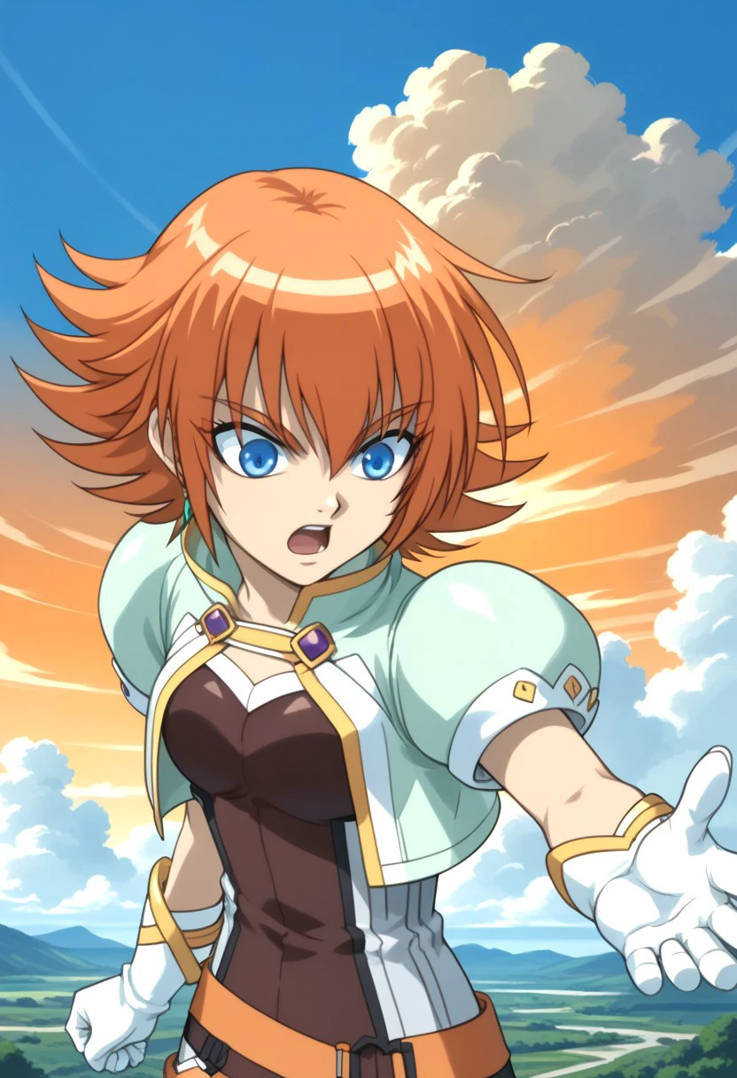 score 9, score 8 up, score 7 up, bakugan, bakugan new vestroia, mira clay, 1girl, solo, blue eyes, gloves, orange hair, cloud, short hair, sky, day, open mouth