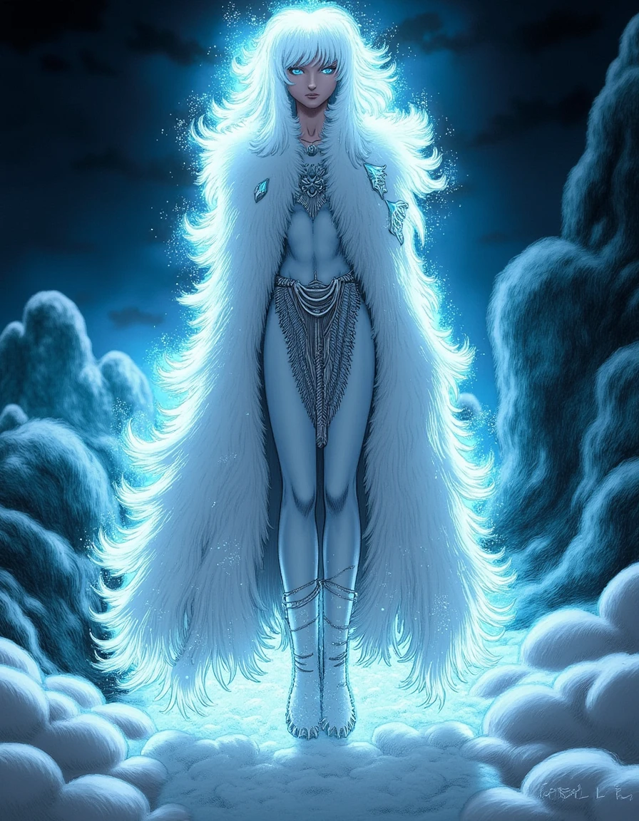 A mesmerizing dark fantasy concept art illustration featuring an enchanting ice witch from a frozen realm. The powerful sorceress stands tall and slender, her piercing icy blue eyes locked onto the viewer. Her flowing white hair cascades down her shoulders, contrasting with her fur-lined cloak and intricate silver jewelry. A frosty aura surrounds her, emphasizing her isolation and immense power. The background is a blend of desolate, snowy landscapes and mysterious dark skies, creating an atmosphere of danger and intrigue. This cinematic masterpiece would be the perfect visual accompaniment to a dark fantasy epic., conceptual art, cinematic, dark fantasy
 <lora:BerserkLoraFlux:1> b3rs3rk